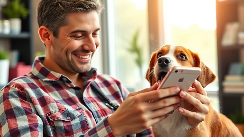 pet medication advice online -
Photorealistic image of a happy pet owner smiling while looking at a smartphone
