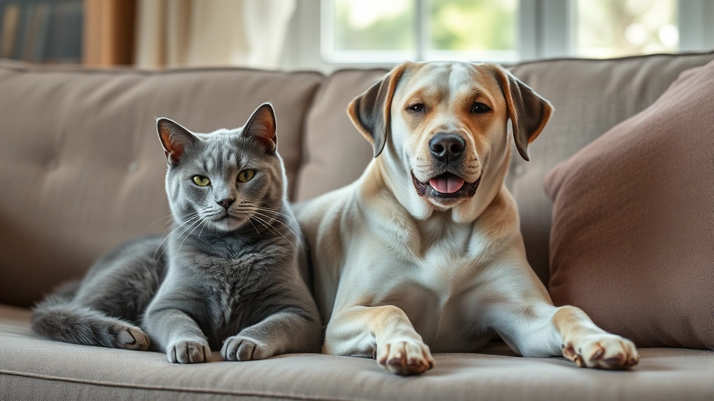pet multivitamins -
Photorealistic image of a senior gray cat and older dog sitting together peacef