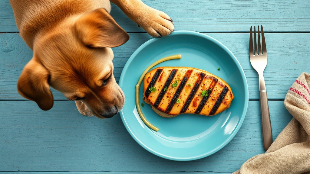 pet nutrition advice -
Photorealistic overhead shot of a balanced pet meal with grilled chicken

