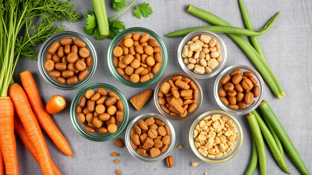 pet obesity prevention -
A variety of healthy pet food portions in measured cups alongside fresh vegetab
