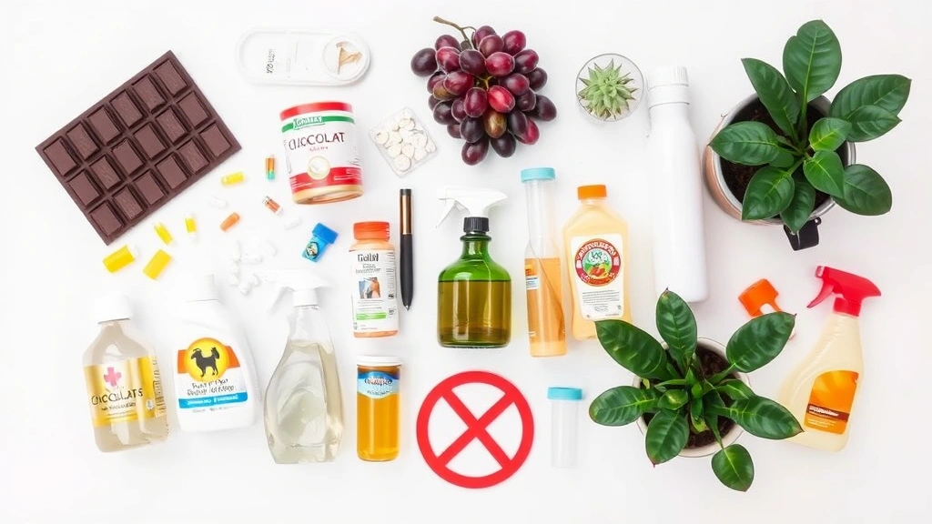 pet poison hotline -
Photorealistic image of common household items arranged on a white surface incl