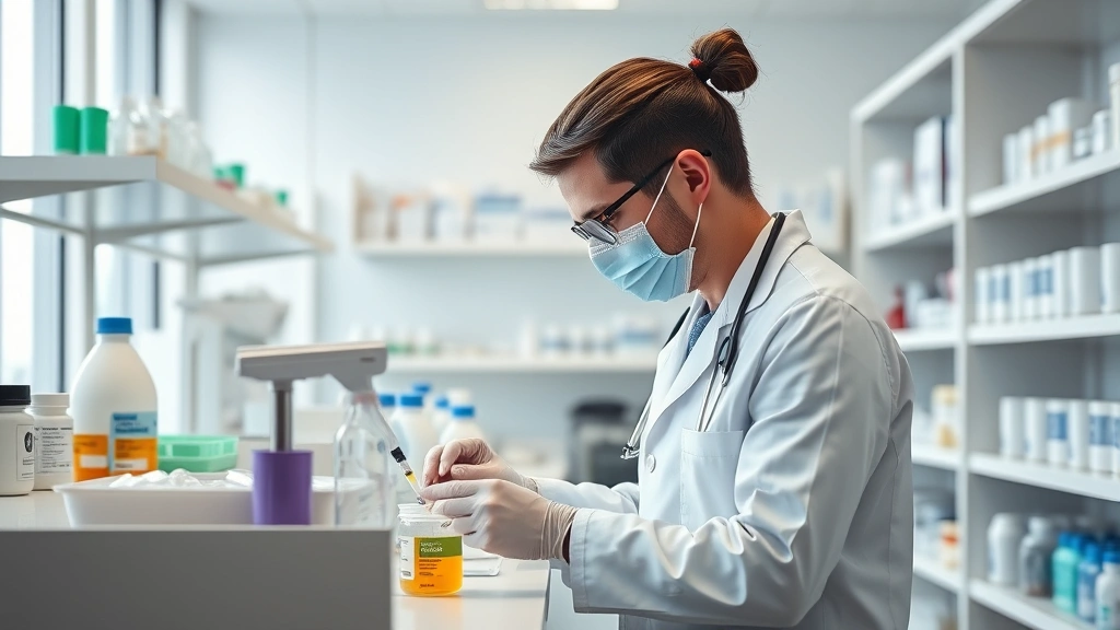 pet prescription refills online -
Photorealistic image of a veterinary pharmacist in a modern pharmacy workspace