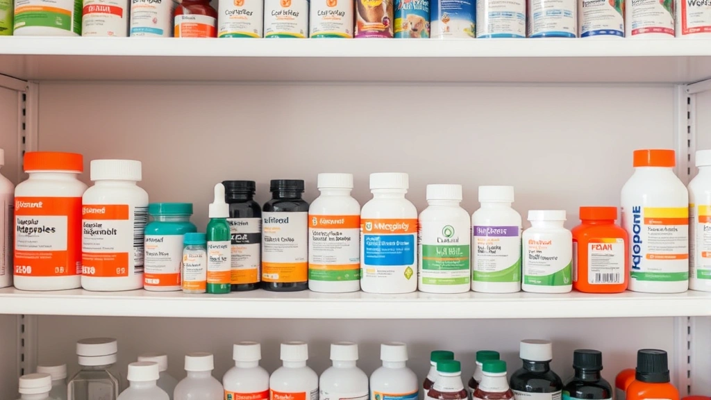 pet prescription refills online -
with organized shelves of pet medication bottles in the background