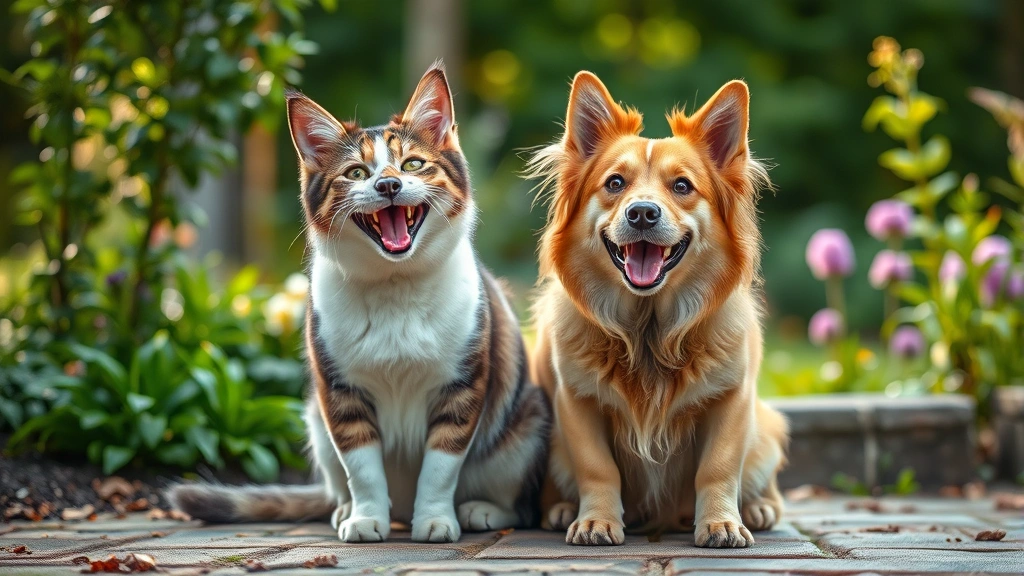 pet stress supplements -
A happy cat and dog sitting together in a serene garden environment, both appea