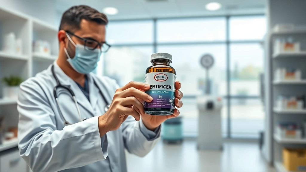 pet supplement certifications -
Photorealistic image of a veterinarian holding and examining a certified pet su