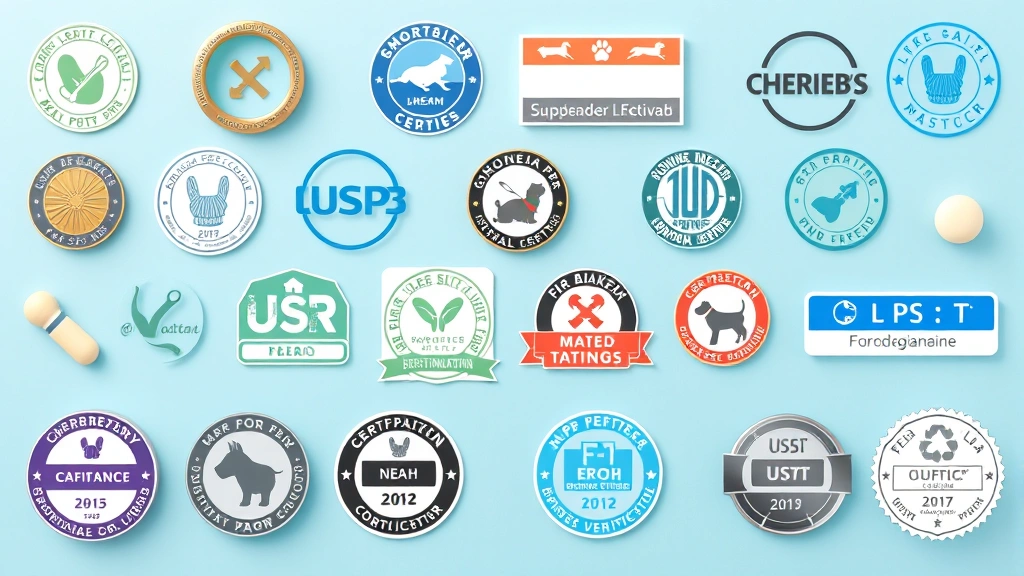 pet supplement certifications -
Photorealistic flat lay of various pet supplement certifications and verificati