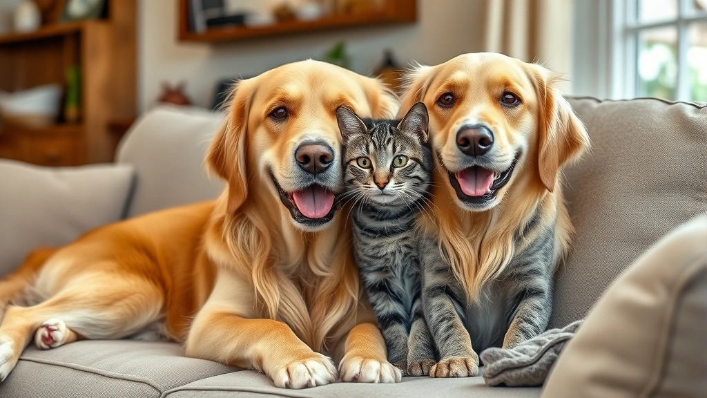 pet supplement combination packs -
Photorealistic style: Happy senior golden retriever and gray tabby cat sitting 