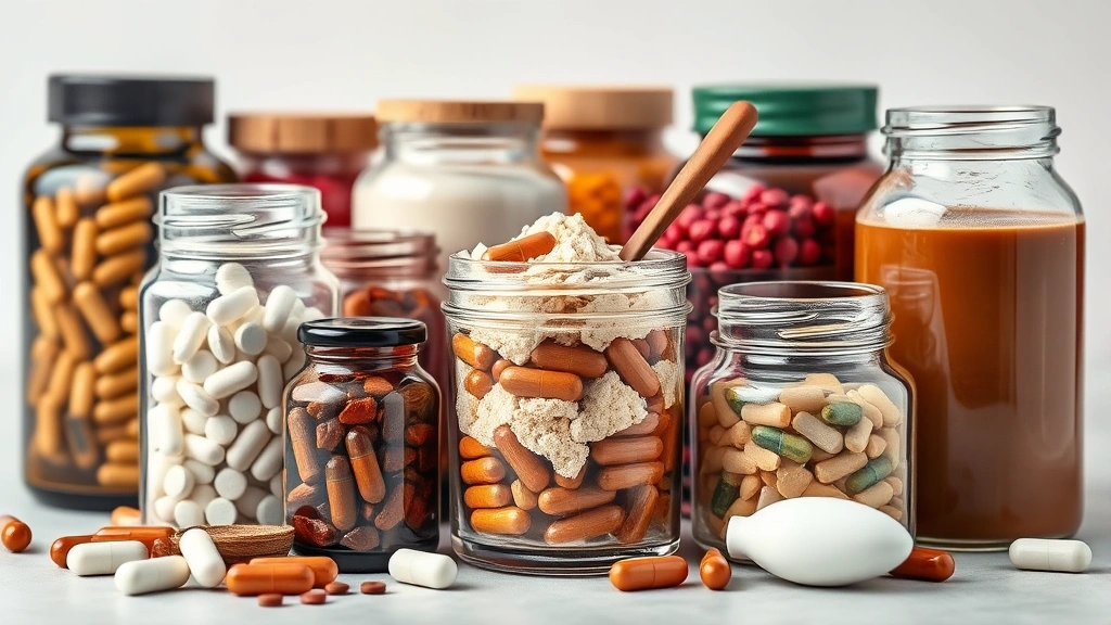 pet supplement combination packs -
Photorealistic style: Close-up of various supplement capsules, powders, and liq