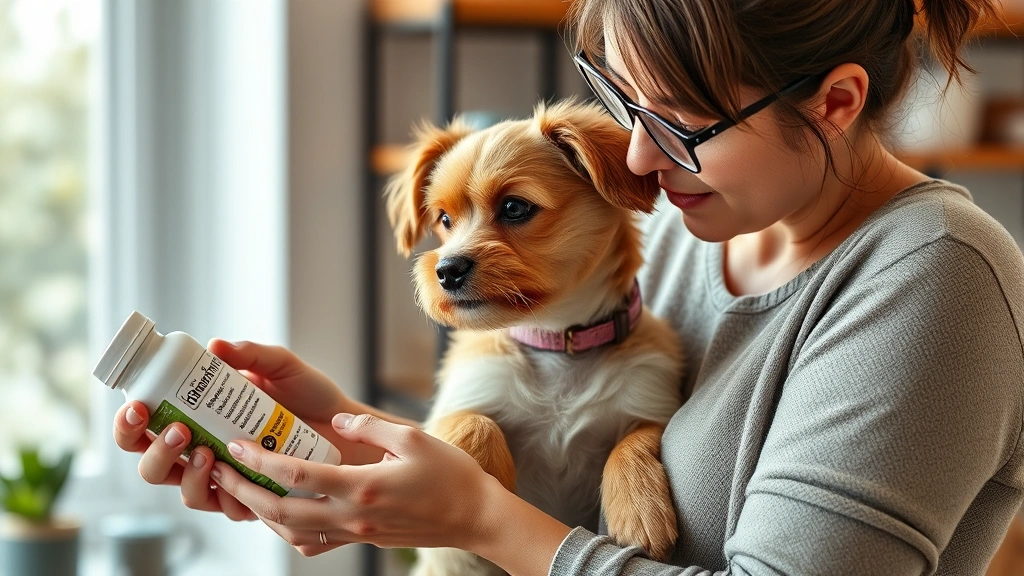 pet supplement dosage guidance -
Photorealistic shot of a pet owner holding a small dog while reviewing suppleme