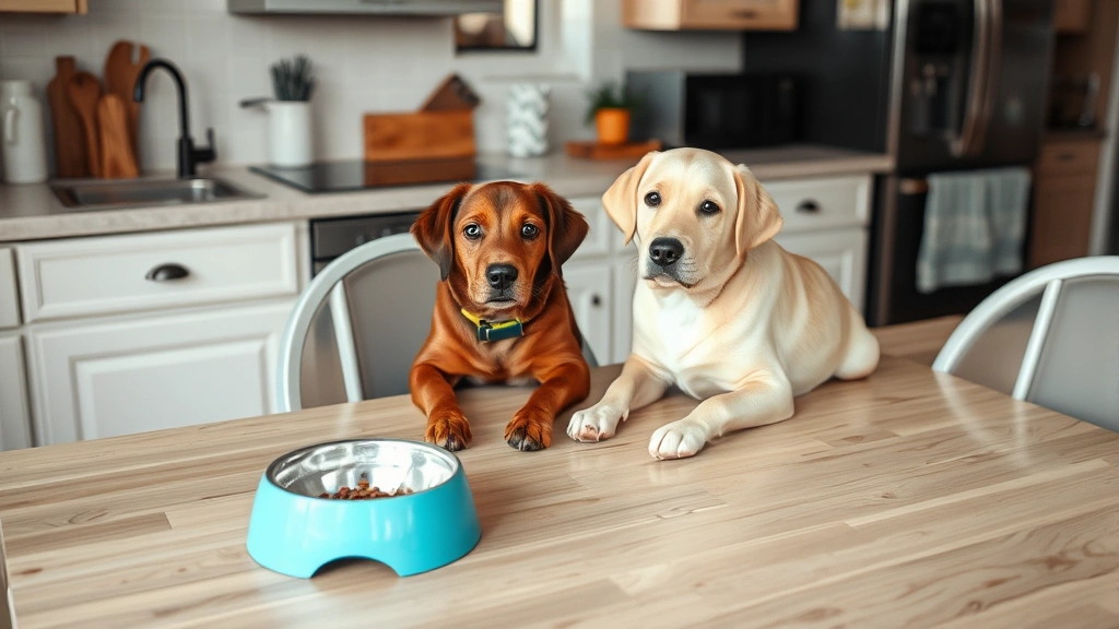 pet supplement dosage guidance -
sitting at a kitchen table with pet food and water bowls visible
