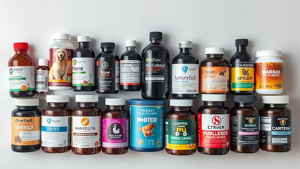 pet supplement ingredient transparency -
Photorealistic flat lay of various pet supplement bottles and containers with c