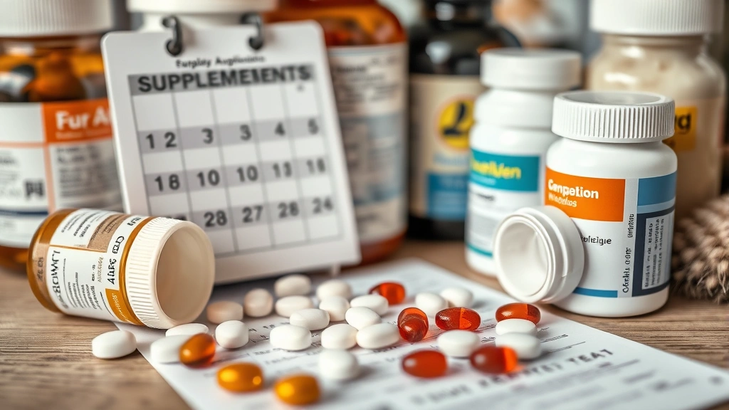 pet supplement interactions -
Photorealistic close-up of pet supplement bottles and tablets with a calendar a