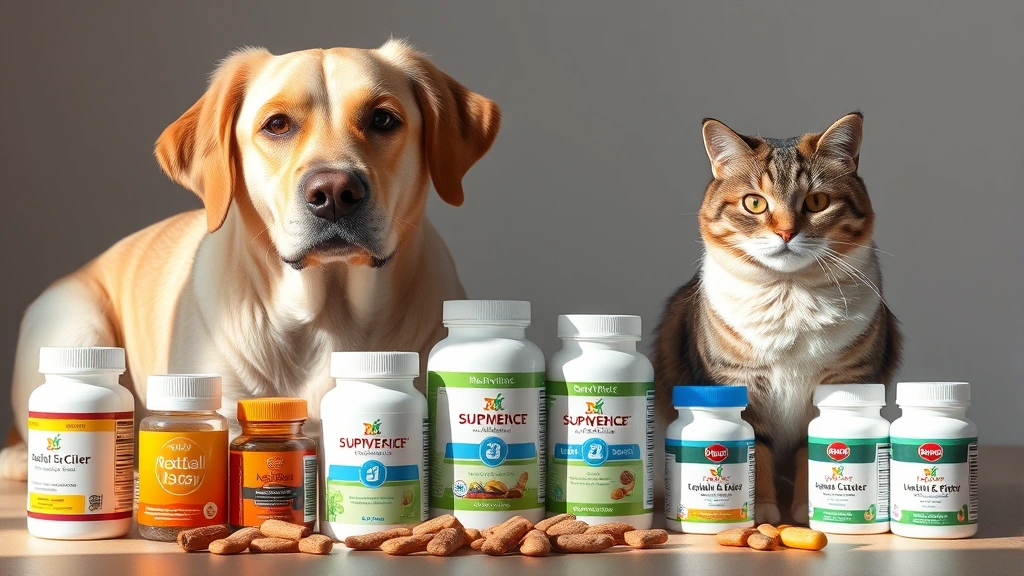 pet supplement starter kits -
Photorealistic image of a senior dog and senior cat sitting together with vario