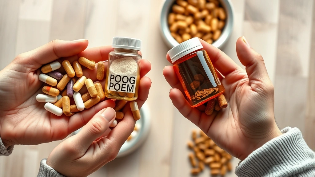 pet supplement starter kits -
Photorealistic close-up of hands holding and examining different supplement for