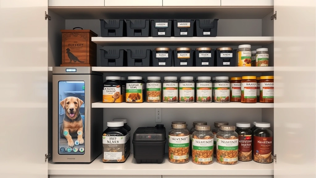 pet supplement storage -
Photorealistic style: A modern kitchen pantry section dedicated to pet suppleme