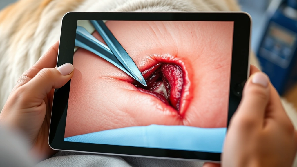 pet surgery follow-up telehealth -
Close-up of a surgical incision on a pet’s abdomen being shown to a veter