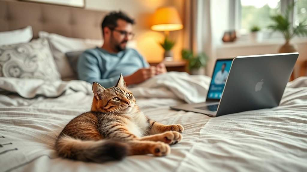 pet surgery follow-up telehealth -
A relaxed cat lying on a bed at home with a pet owner nearby preparing for a re