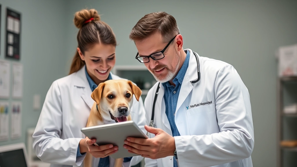 pet symptom checker online -
A veterinarian in white coat reviewing digital health records on tablet with pe