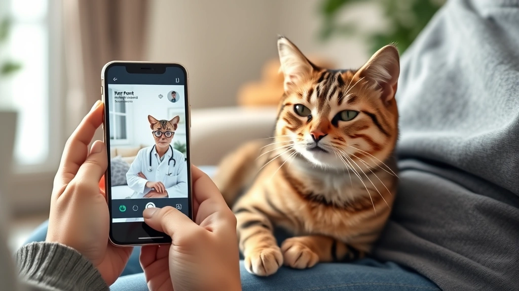 pet telehealth -
Photorealistic image of a tabby cat sitting peacefully on a lap while owner hol