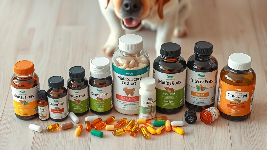 pet travel supplements -
Photorealistic overhead shot of various pet supplement bottles and capsules arr