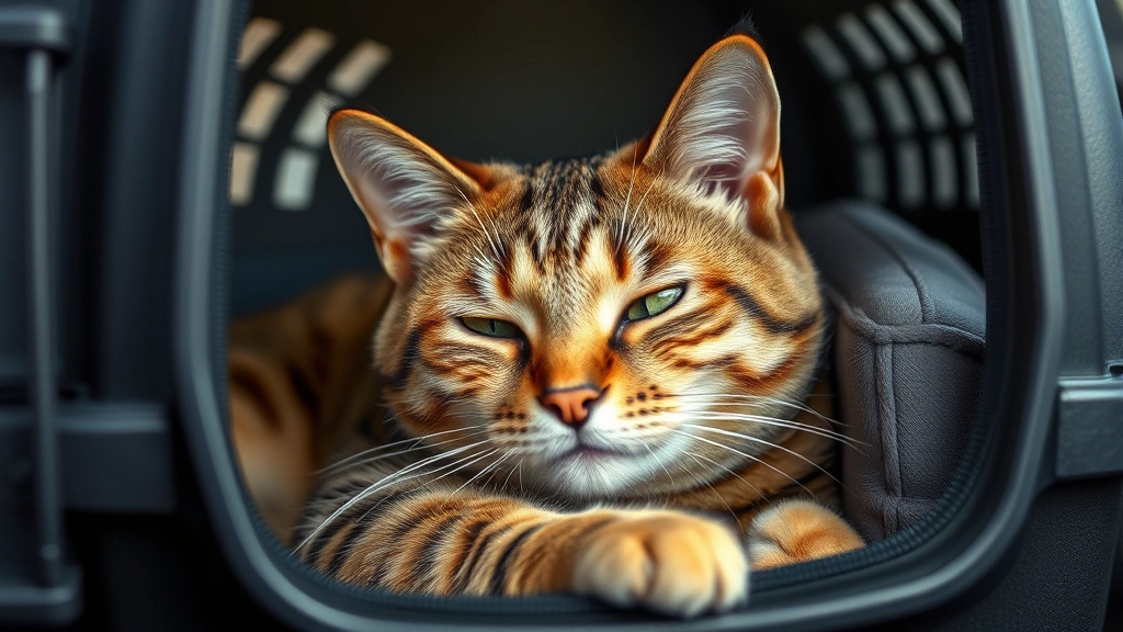 pet travel supplements -
Photorealistic image of a relaxed tabby cat lying comfortably in a pet carrier 