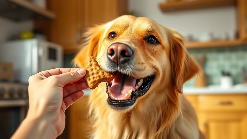 pet treat recipes -
Photorealistic golden retriever happily eating a homemade peanut butter dog tre