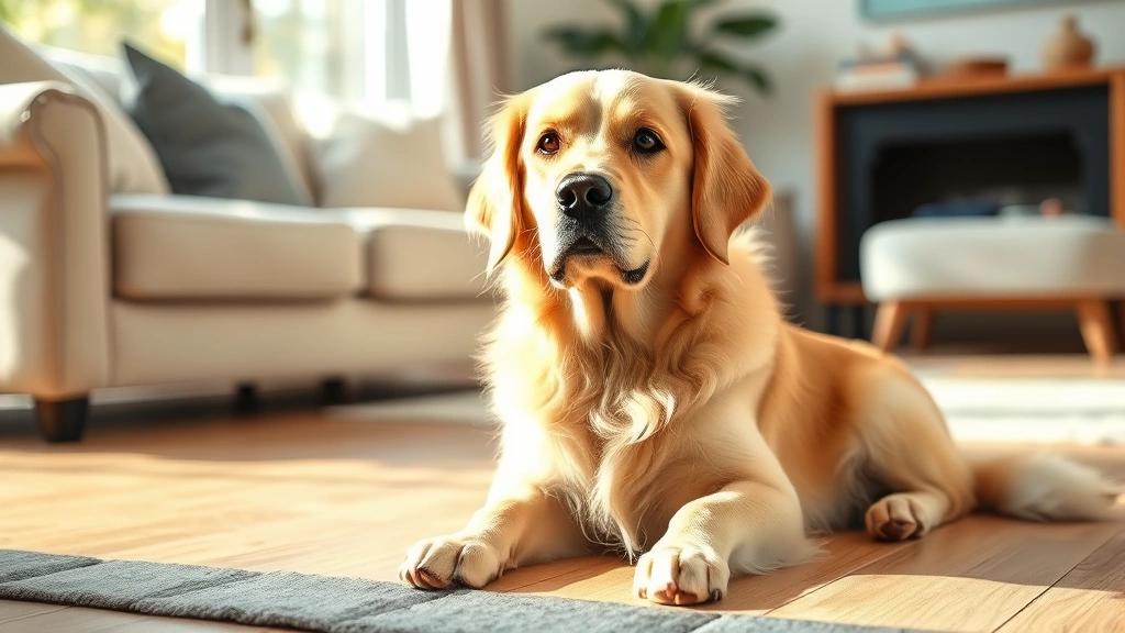 pet wellness exam telehealth -
A fluffy golden retriever sitting calmly on a living room floor, well-lit by na