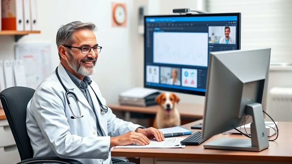pet wellness exam telehealth -
A veterinary professional in a white coat sitting at a desk with medical charts