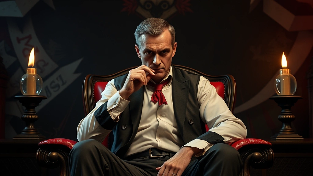 petey dog man -
sitting in scheming position with elaborate background suggesting villainous pl