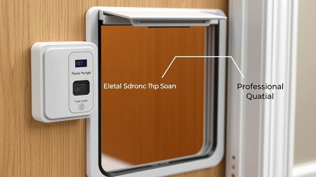 petsafe dog door -
Photorealistic close-up of a PetSafe microchip dog door mechanism showing the e