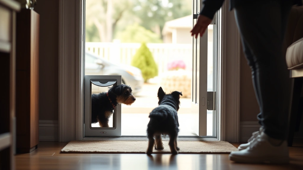 petsafe dog door -
Photorealistic image of a small black dog hesitantly approaching a PetSafe dog 
