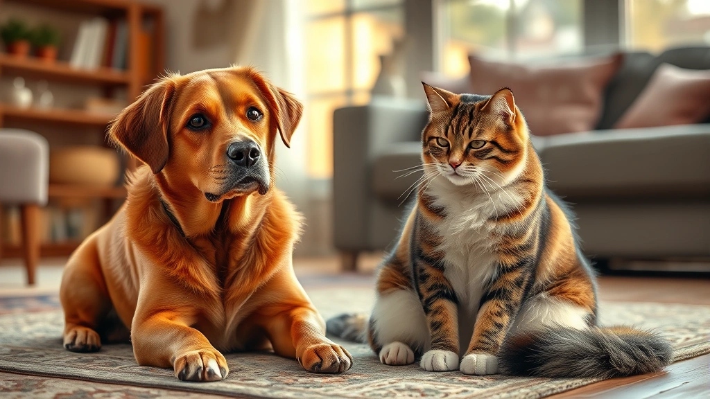 pheromone supplements -
Photorealistic scene of two pets (dog and cat) sitting calmly near each other w
