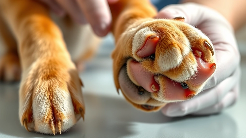 pictures of dog tumors and cysts -
Photorealistic detailed view of a dog’s paw pad and between toes showing