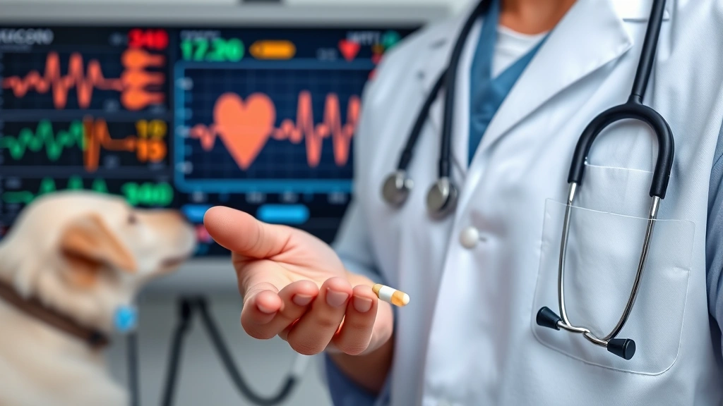 pimobendan for dogs -
Veterinarian holding a small tablet medication next to a stethoscope and heart 