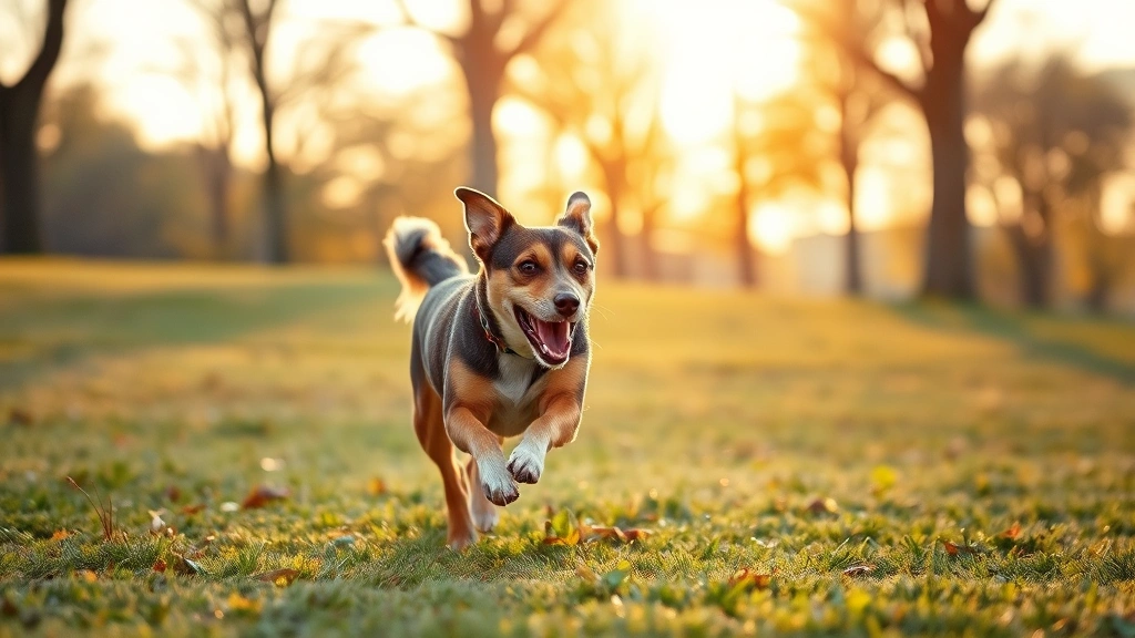 pimobendan for dogs -
Active medium-sized dog running and playing in a grassy park during golden hour
