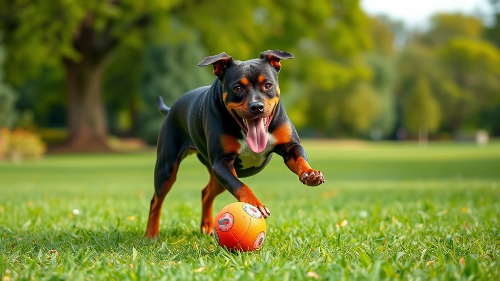 pitbull dog mix rottweiler -
A pitbull rottweiler mix playing fetch with a ball in a grassy park, demonstrat