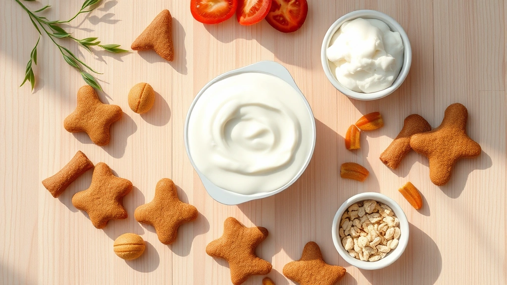 plain unsweetened greek yogurt for dogs -
Photorealistic overhead flat lay of plain greek yogurt container, fresh dog tre