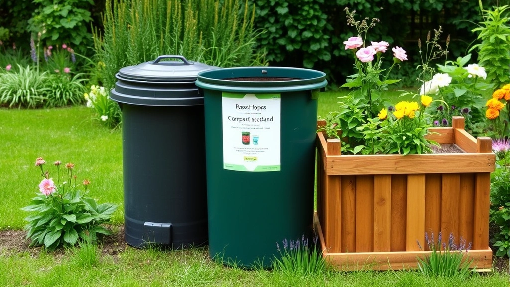 planet-conscious pet care -
displayed next to a compost bin in a lush garden setting with green grass and f