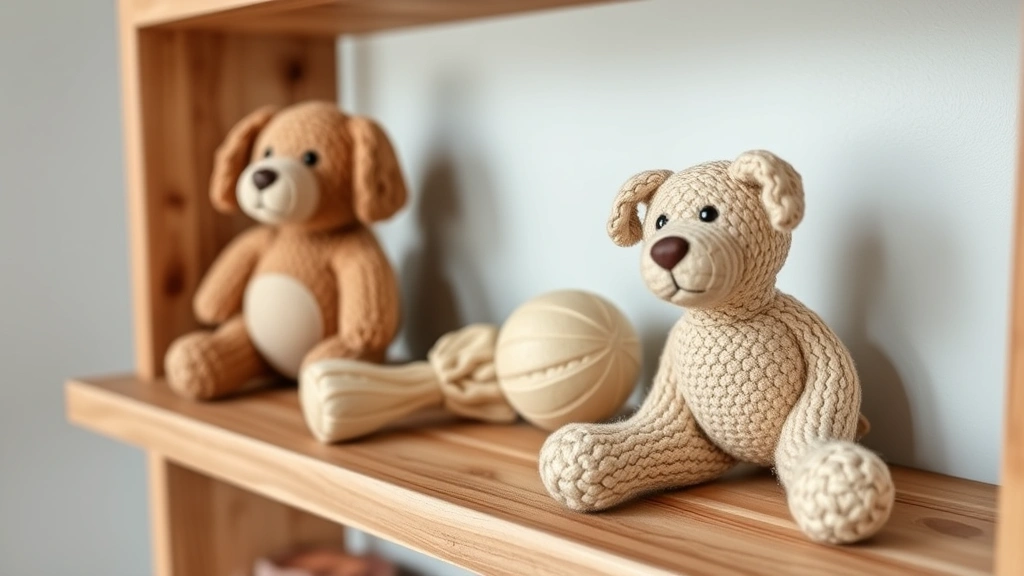 planet-conscious pet care -
and sustainable pet toys made from hemp and natural rubber on a wooden shelf