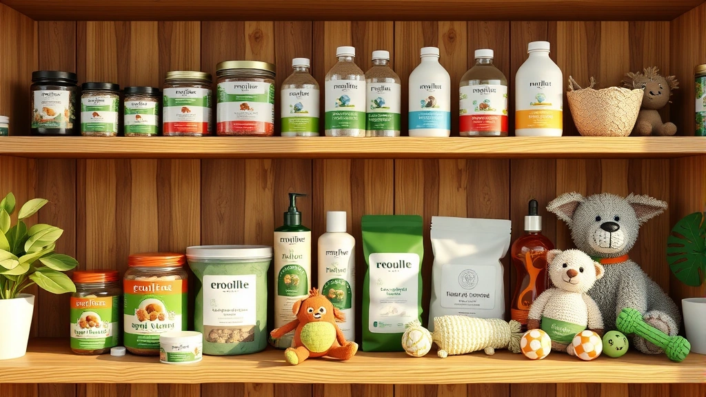 planet-friendly pet brands -
Photorealistic image of eco-friendly pet products arranged neatly on wooden she