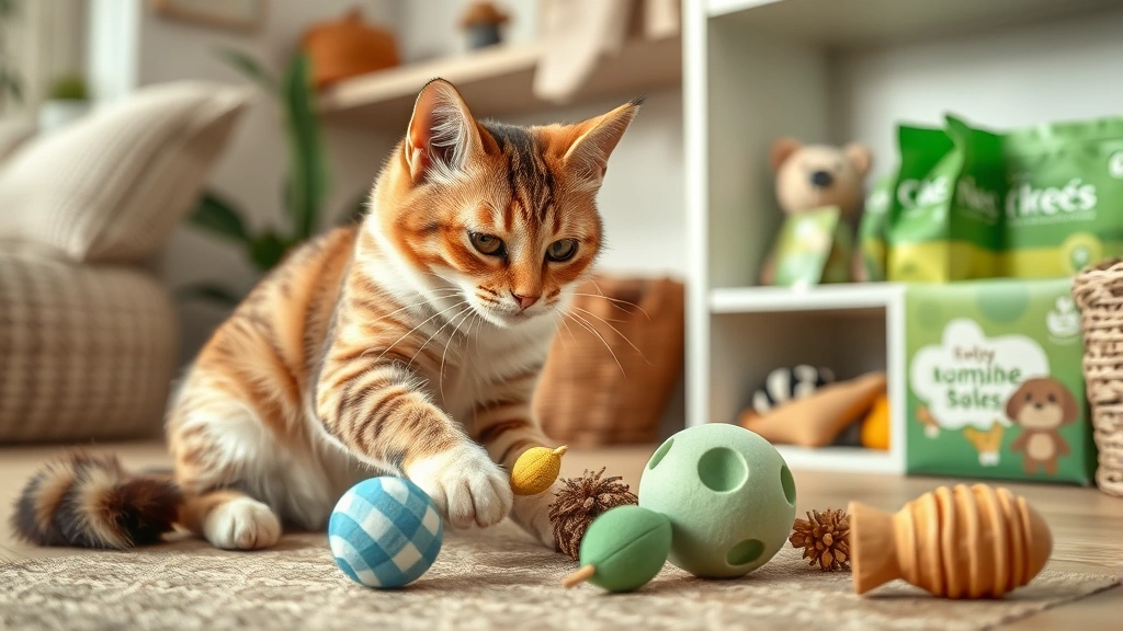 planet-friendly pet brands -
Photorealistic image of a cat playing with biodegradable toys made from sustain