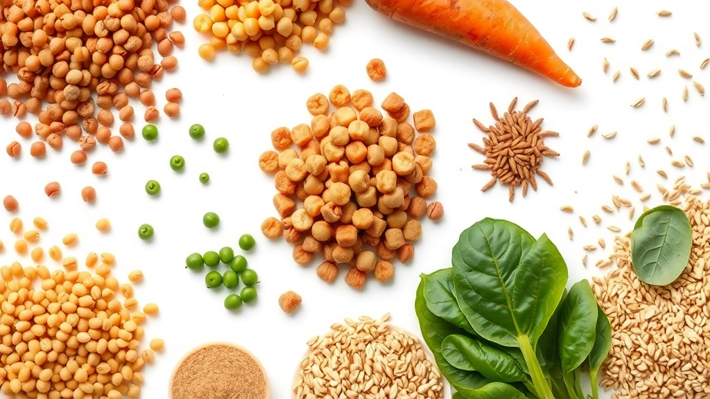 plant-based pet food -
Photorealistic overhead shot of various plant-based dog food ingredients arrang