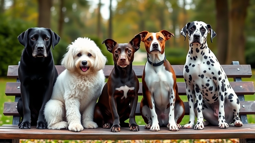 popular dog names -
Photorealistic image of diverse dog breeds sitting together on a park bench, in