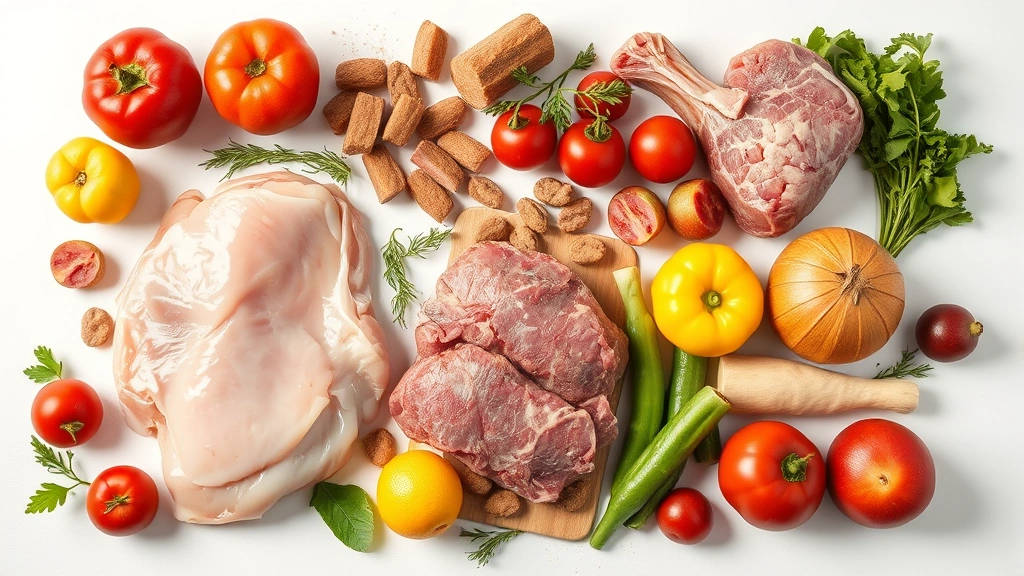 posh nosh dog food -
Photorealistic flat lay of premium dog food ingredients including raw chicken b