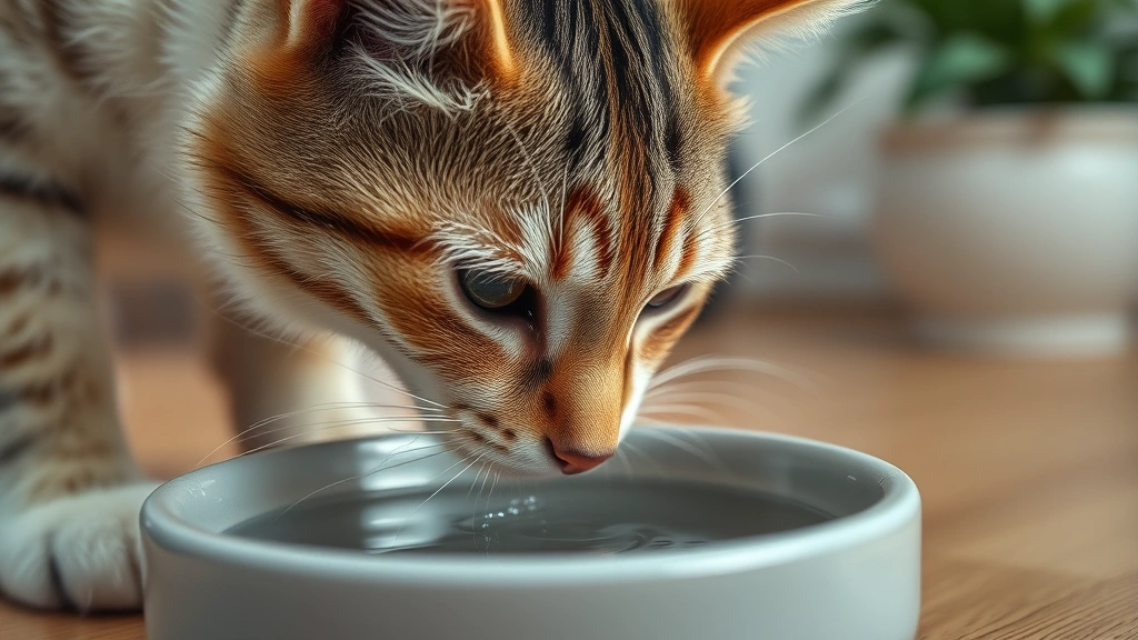 post-boarding feeding schedule -
Photorealistic close-up of a cat drinking fresh water from a ceramic bowl, shal