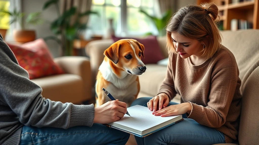 post-boarding feeding schedule -
Photorealistic image of a pet owner writing in a food diary notebook with a dog