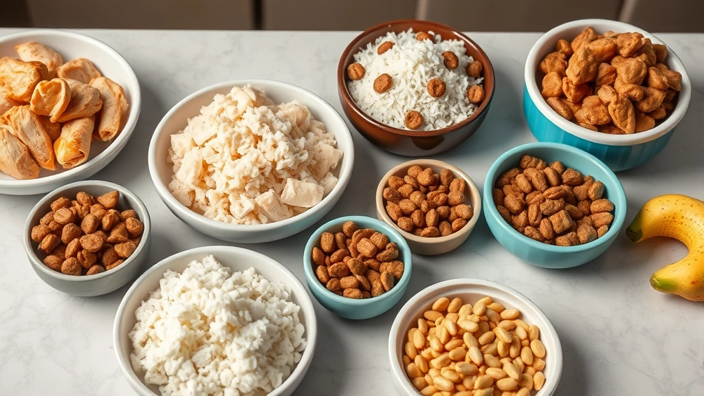 post-operative feeding schedule -
Photorealistic image of various bland recovery foods for pets arranged on a tab