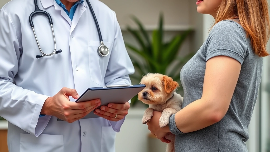 post-surgery feeding schedule -
Photorealistic image of a veterinarian explaining feeding guidelines on a clipb