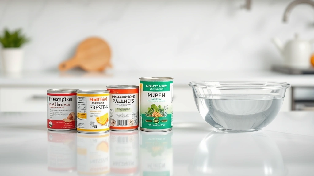 post-surgery feeding schedule -
and prescription diet cans arranged on a clean kitchen counter with fresh water