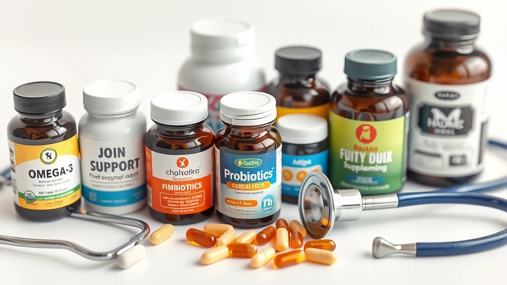 post-surgery supplements for pets -
Photorealistic close-up of various pet supplement bottles and capsules arranged